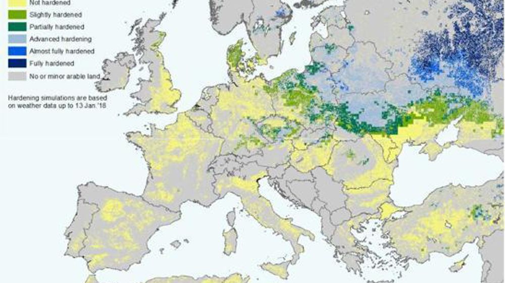 Capture du bulletin Mars de la Commission européenne (1er décembre 2017 — 15 janvier 2018). Les blés d’hiver sont complètement endurcis (bleu foncé), presque totalement endurcis (bleu), en endurcissement avancé (bleu clair), partiellement endurcis (vert foncé), peu endurcis (vert clair), pas endurcis (jaune).